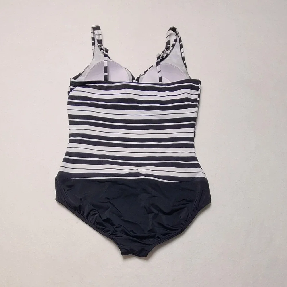 Swim Solutions Women's Black White Striped V-Neck Shirred One Piece Swimsuit 18 - Picture 2 of 6